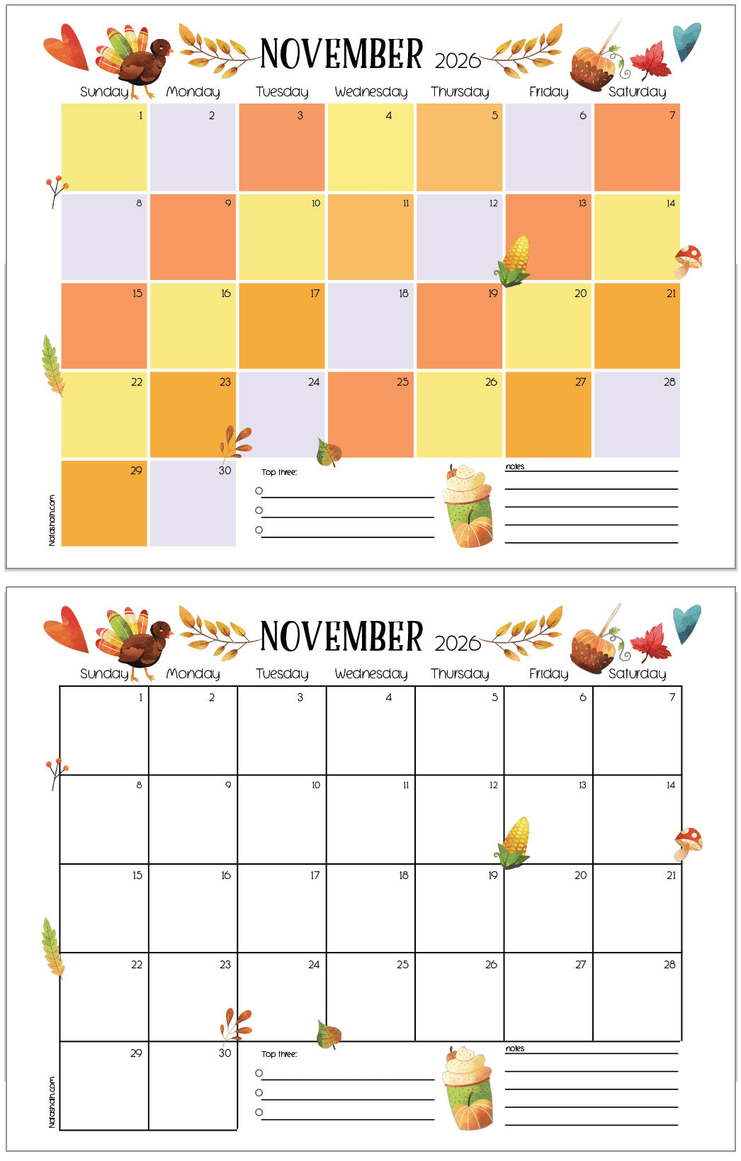 two printable calendars for November 2026