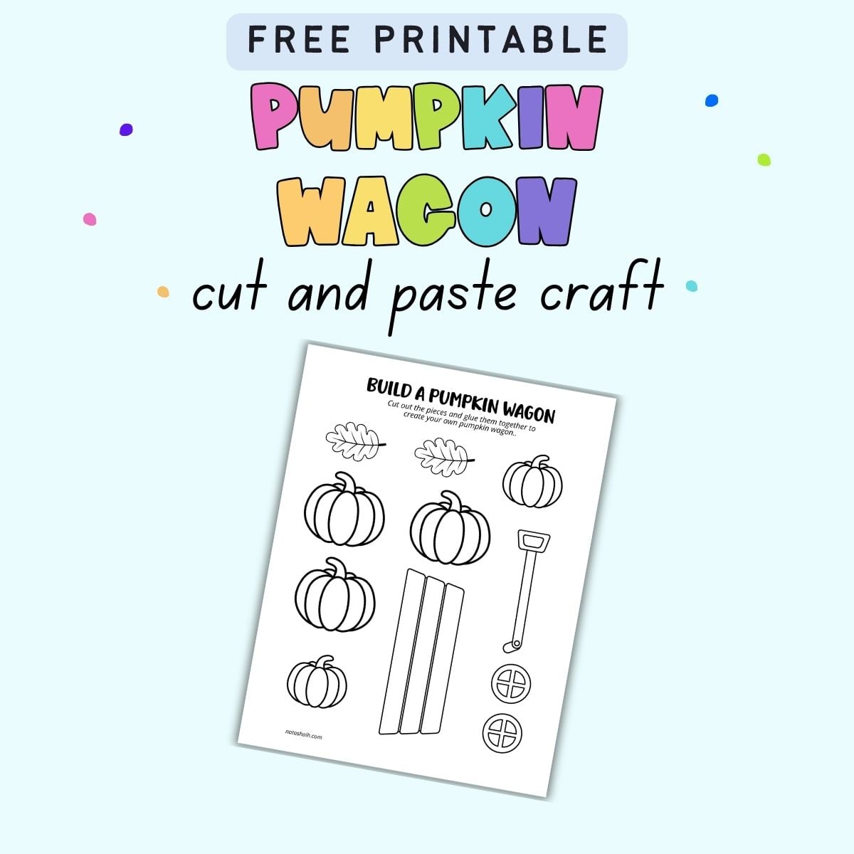 text "free printable pumpkin wagon cut and paste craft" with a preview of a printable page
