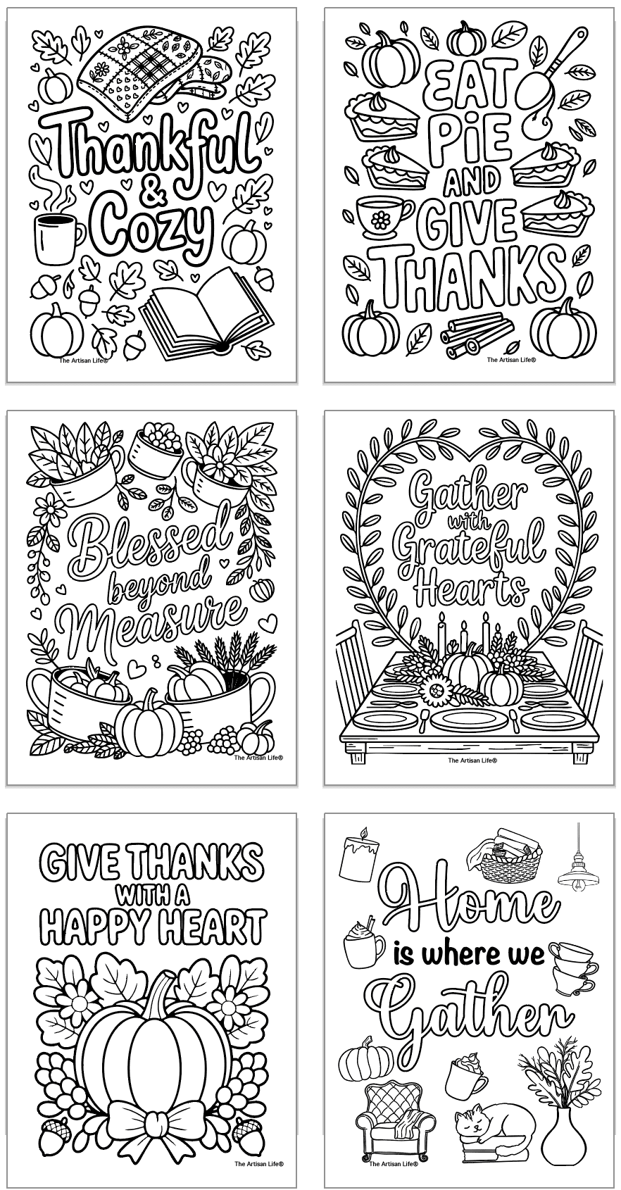 six thanksgiving coloring pages with bold, easy designs and quotations to encourage gratitude