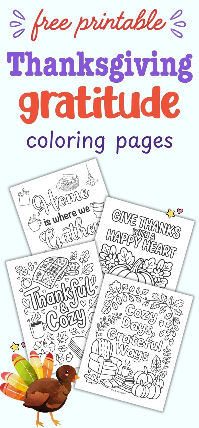 text "free printable Thanksgiving gratitude coloring pages' with a preview of four coloring sheets