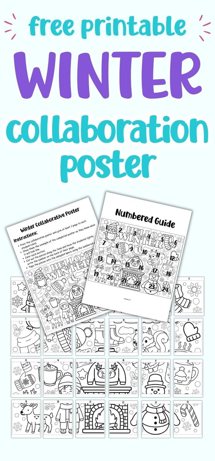 text "free printable winter collaboration poster" with a preview of 24 winter themed collaborative poster pages